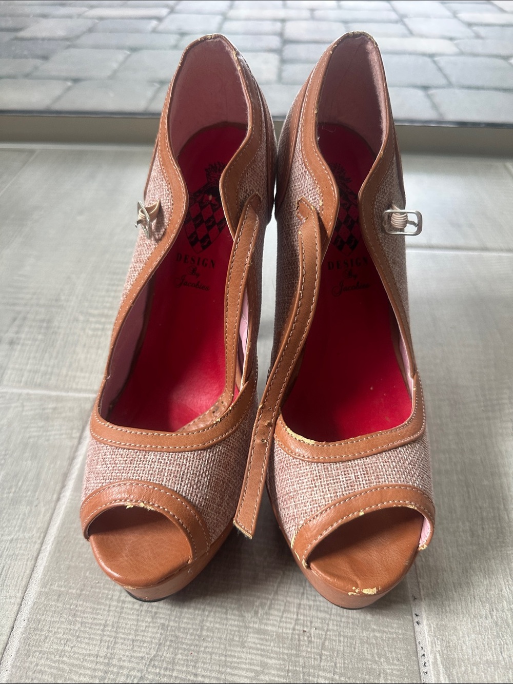 Woven Pink and Tan Slingback Heels size 9